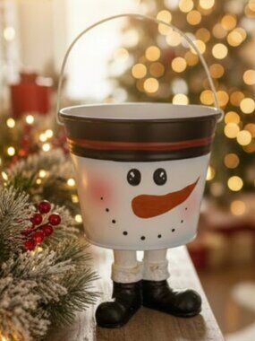 SNOWMAN BUCKET -- Small Bucket on Legs, Painted Face, Spring Makes Wobble Effect